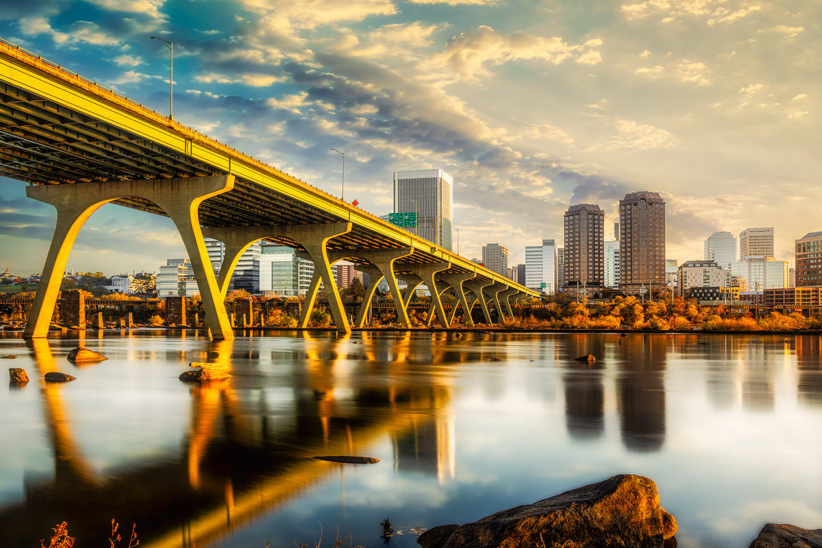 James River glowing in warm evening light in Richmond, Virginia
