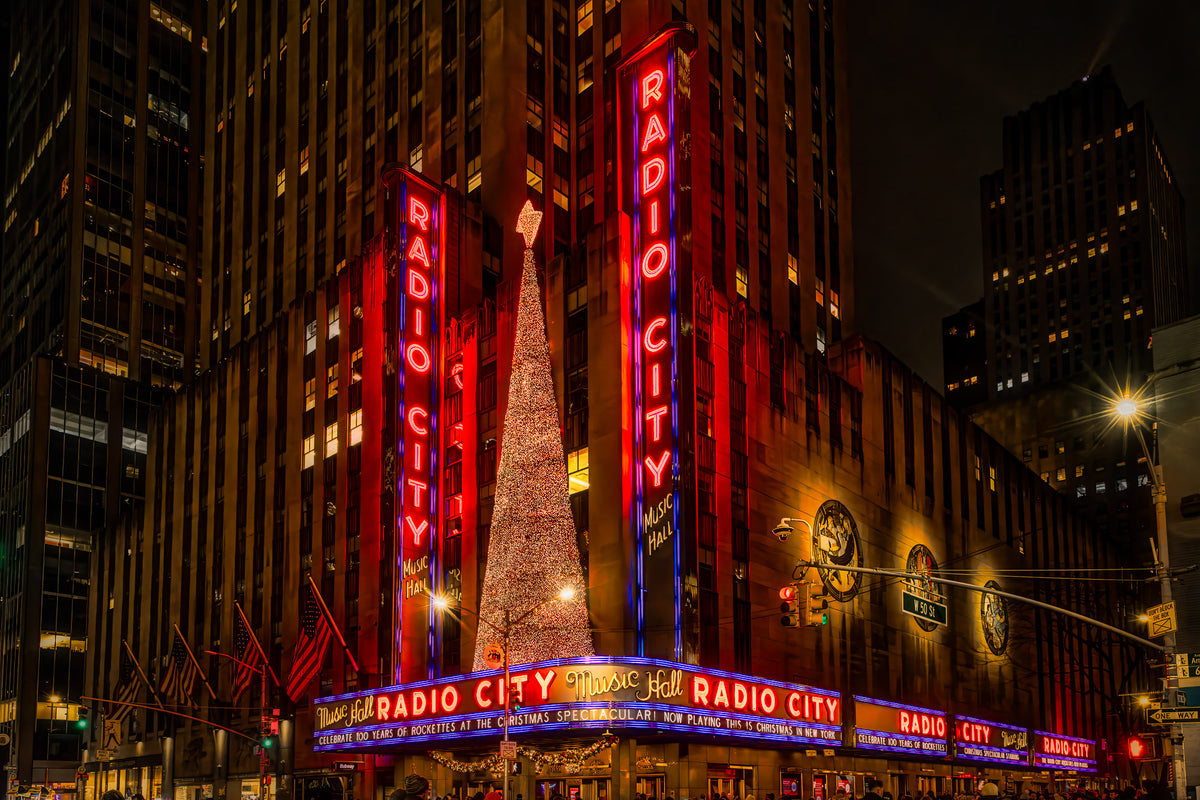 Radio City Music Hall illuminated at night in New York City