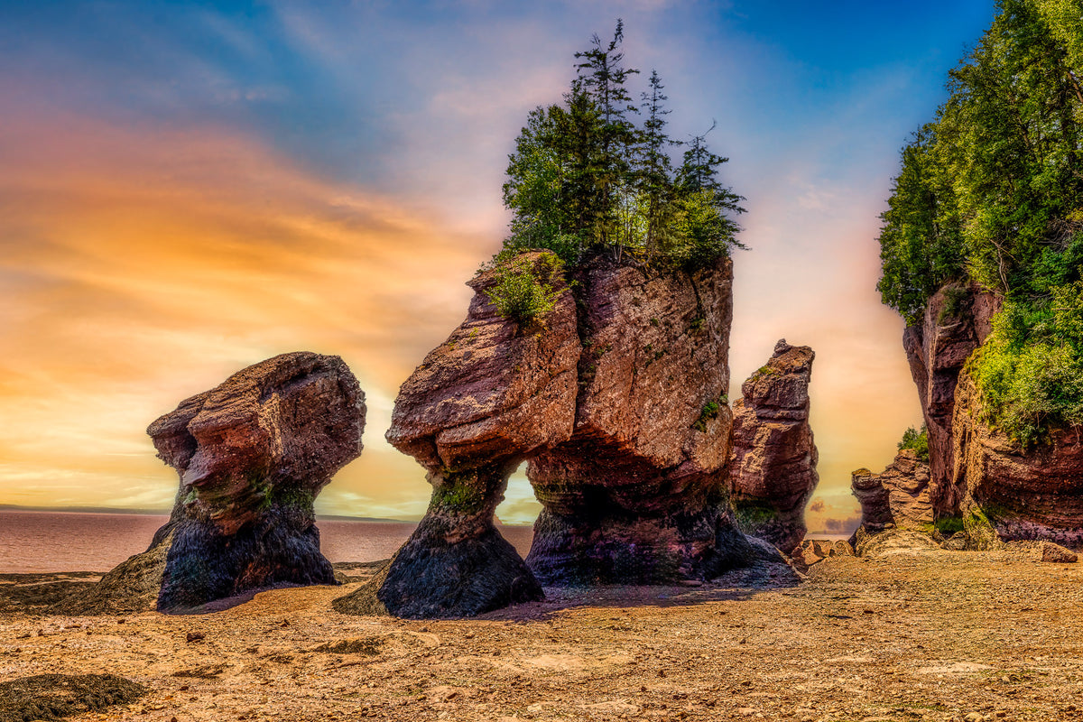 Hopewell Rocks fully exposed at low tide along the Bay of Fundy