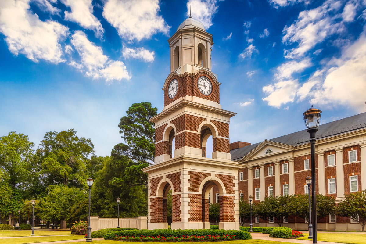 Christopher Newport University Bell Tower in the morning light in Newport News, Virginia
