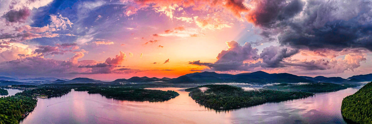 Panoramic sunrise over Lake Placid in the Adirondacks of New York