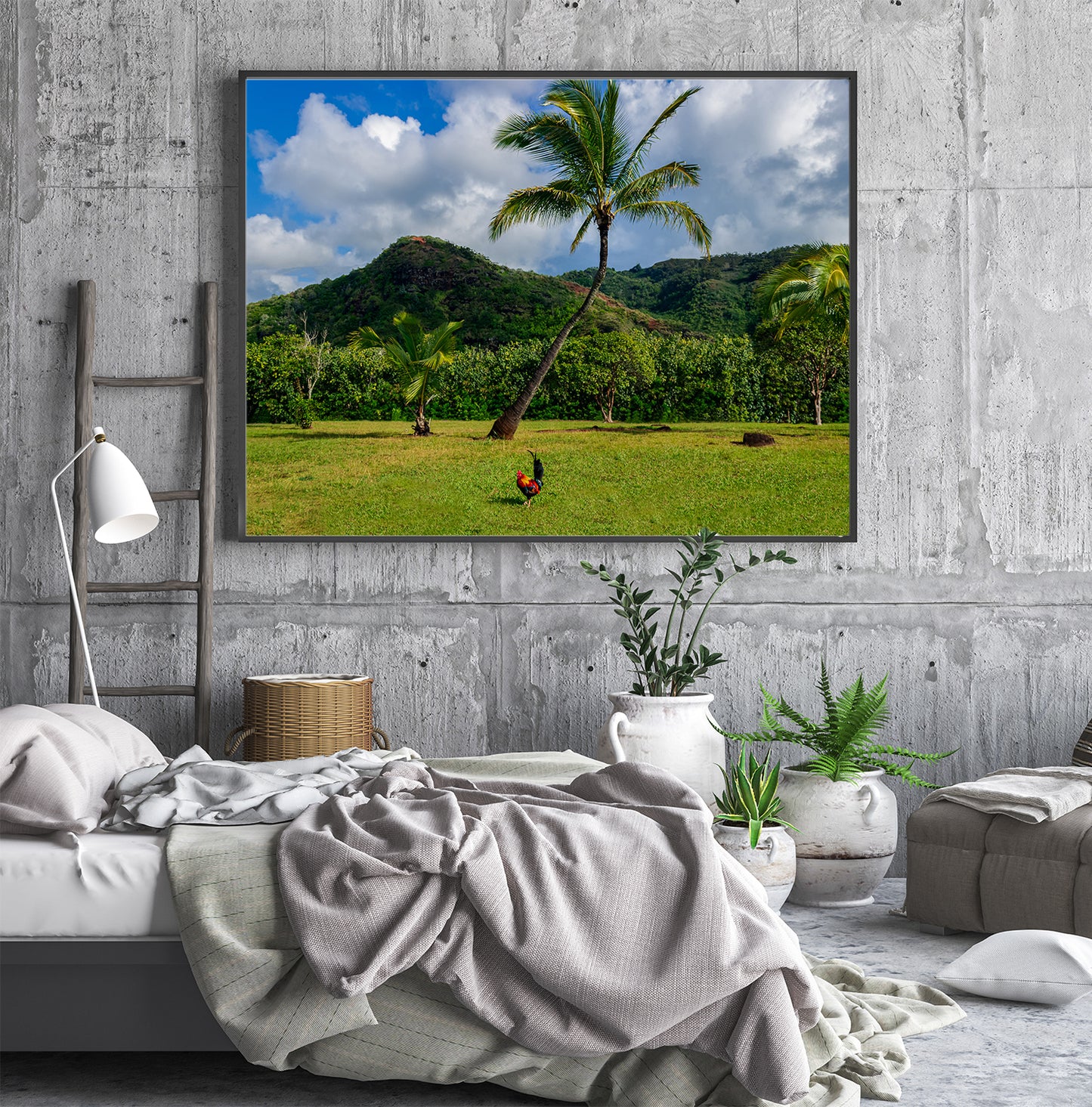 Paisaje de montaña hawaiano, lado de pollo